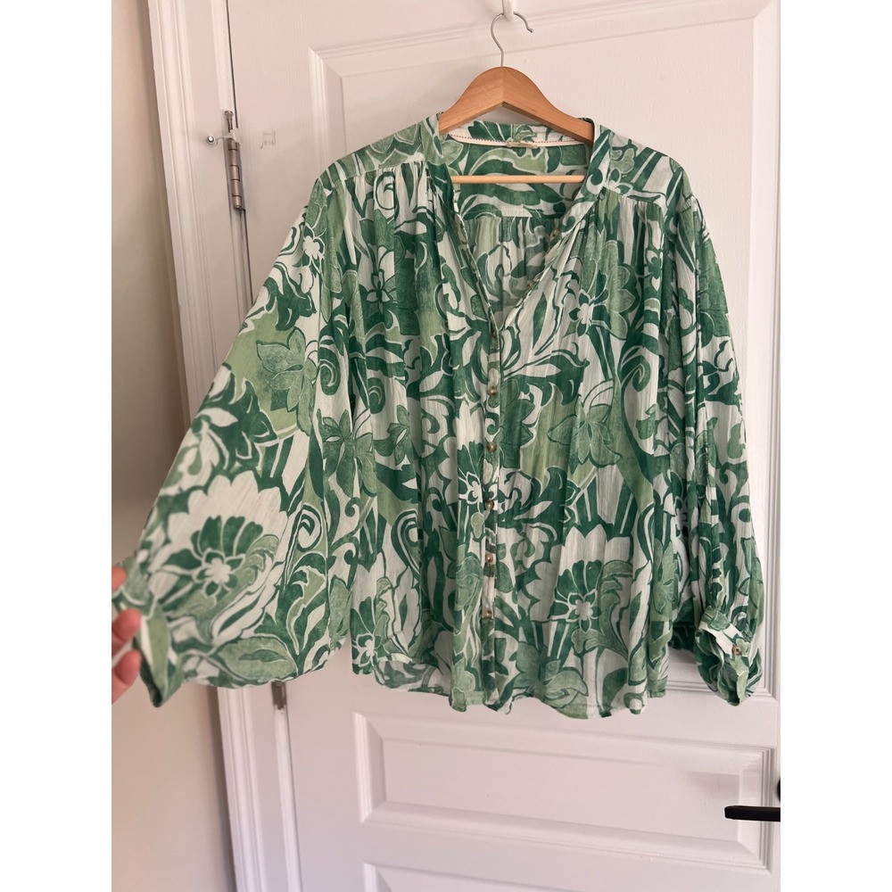 Pilcro Blouse Green White Floral Dolman Sleeve Button Up Boho Flowy Romantic - Picture 13 of 15